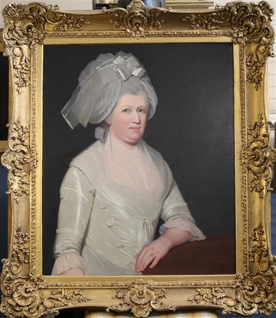 Manner of Zoffany Half length portrait of a lady wearing a white dress 30 x 25in.
